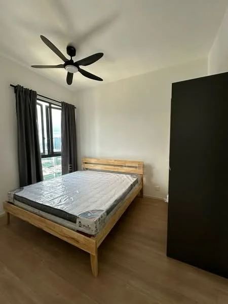 Bedroom features: queen-size bed, wooden bed frame, mattress with protective cover, black wardrobe, floor-to-ceiling window, grey curtains, 5-blade ceiling fan, light-coloured wooden flooring, white painted walls; style: modern; view: city.