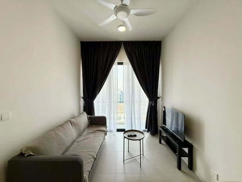 Living features: 3-seater fabric sofa in grey, round black coffee table, wall-mounted TV, floor-to-ceiling windows, sheer curtains, blackout curtains, ceiling fan with light, light-colored tiled flooring, white painted walls; style: modern.