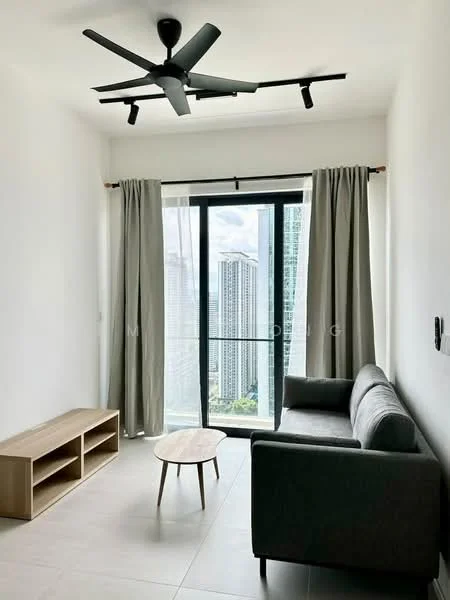 Living features: grey fabric sofa, wooden coffee table, TV console with open shelving, floor-to-ceiling windows, sheer curtains, blackout curtains, 5-blade ceiling fan with light, light grey tiled flooring, white painted walls, city view; style: modern; view: city.