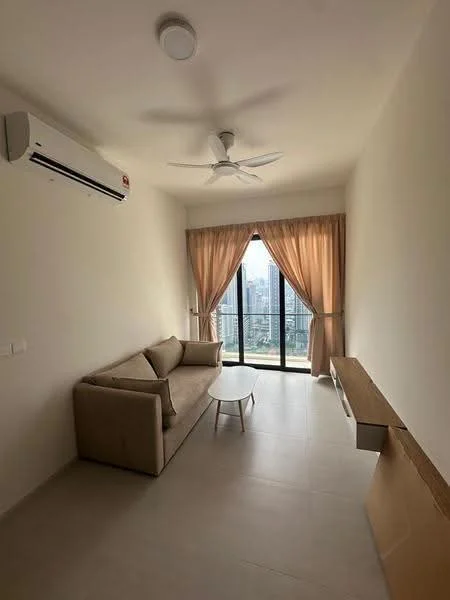 Living features: beige fabric sofa, coffee table, floor-to-ceiling windows, curtains in light brown, wall-mounted air conditioning unit, ceiling fan, light-colored tiled flooring, neutral painted walls; style: modern; view: city.