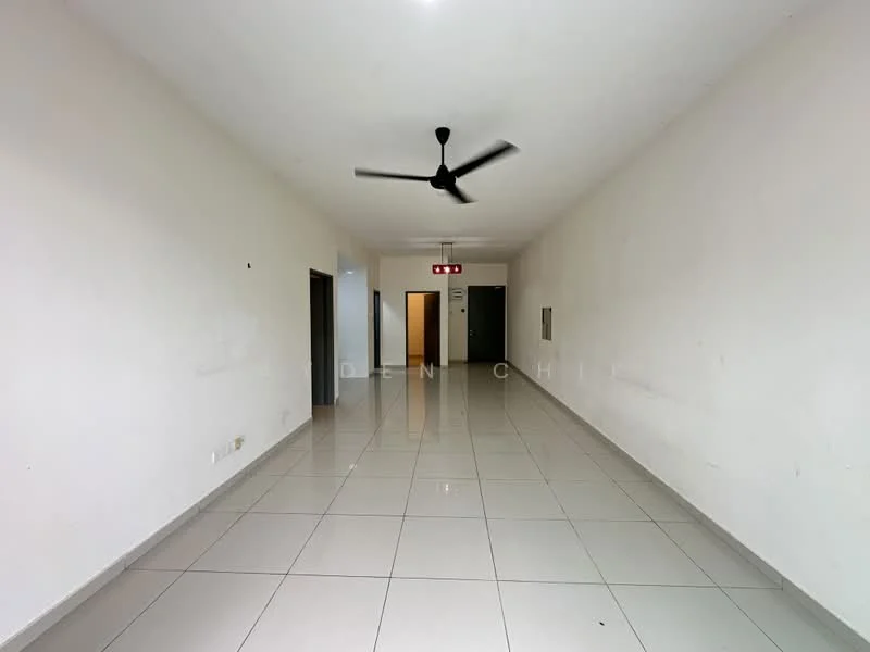 Room features: white painted walls, glossy ceramic tile flooring, ceiling fan, recessed lighting, multiple doorways, neutral color scheme, no visible furniture or decor; style: minimalist.