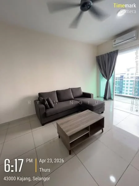 Living features: 3-seater fabric sofa in grey, coffee table, floor-to-ceiling windows, curtains, wall-mounted split AC, glossy tile flooring, neutral wall color, ceiling fan; style: modern; view: city.
