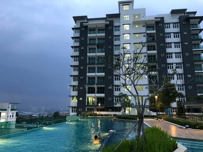 Exterior type: high-rise condominium; features: glass curtain wall, dark grey painted facade, recessed balconies, infinity pool, pool deck with loungers, landscaped garden, mature trees, surrounded by greenery, night lighting, approximately 10-storey high-rise; style: modern.