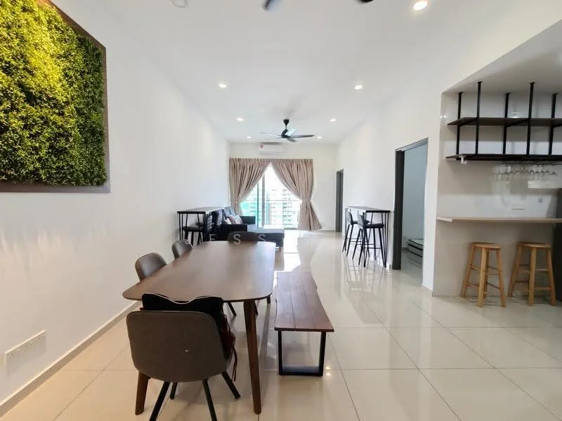 Dining features: dining table with wooden top, 4 upholstered dining chairs, pendant light fixture, white painted walls, glossy ceramic tile flooring, floor-to-ceiling windows, curtains, ceiling fan with light; style: modern; view: city. Living features: 3-seater fabric sofa in dark grey, coffee table, TV console, area rug, white painted walls, glossy ceramic tile flooring, floor-to-ceiling windows, curtains, ceiling fan with light; style: modern; view: city. Kitchen features: bar counter with 2 stools, white cabinetry, open shelving, stainless-steel sink, chrome pull-down faucet, built-in appliances, white walls, glossy ceramic tile flooring; style: modern.