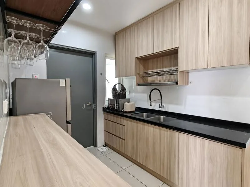 Kitchen features: light wood cabinetry, black granite countertop, stainless-steel sink, chrome pull-down faucet, built-in oven, refrigerator, glassware hanging rack, tile flooring, under-cabinet lighting; style: modern.