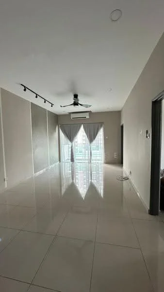 Living features: white painted walls, polished ceramic tile flooring, 5-blade ceiling fan with light, recessed LED downlights, floor-to-ceiling windows, sliding glass door, sheer curtains, air conditioning unit; style: modern; view: city.