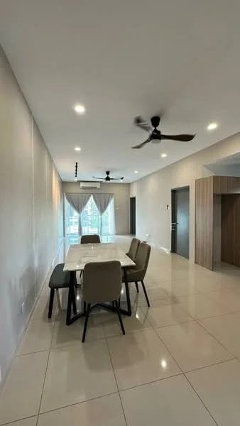 Dining features: white marble dining table, 4 upholstered dining chairs in grey, floor-to-ceiling windows, sheer curtains, recessed LED downlights, 5-blade ceiling fan, cream painted walls, glossy ceramic tile flooring; style: modern; view: city.