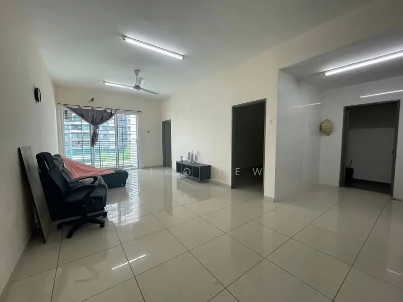 Living features: white painted walls, glossy tile flooring, 5-blade ceiling fan with light, sofa in black leather, coffee table, TV console, floor-to-ceiling windows, curtains, natural light, open layout; style: modern; view: city. Room features: white painted walls, glossy tile flooring, doorway to adjacent rooms.