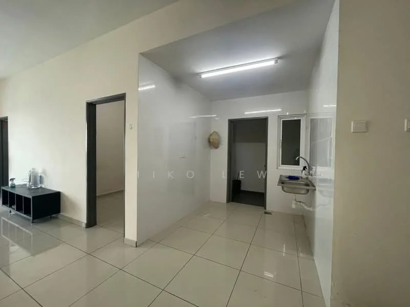 Room features: white painted walls, glossy ceramic tile flooring, fluorescent ceiling lights, doorway leading to another room, window with white frame, sink with wall-mounted faucet, open space layout; style: modern.