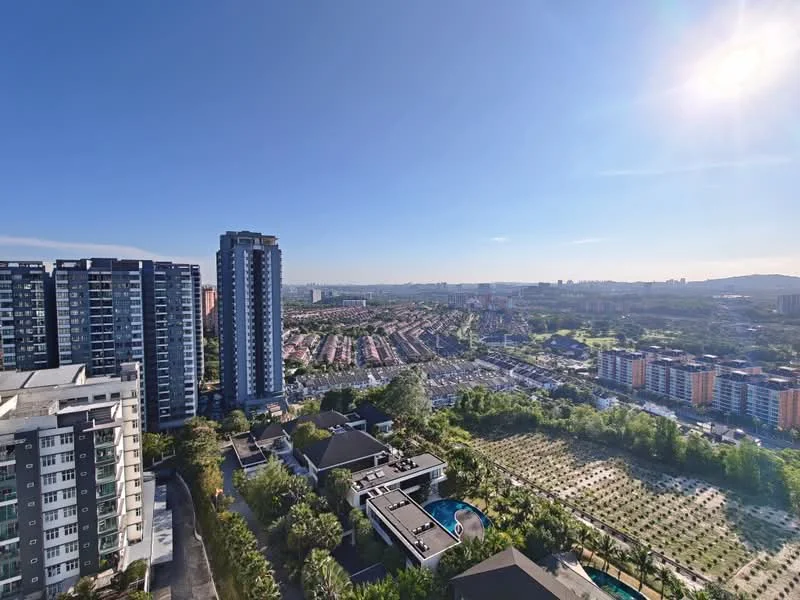 Exterior type: high-rise condominium; features: glass curtain wall, approximately 20-storey high-rise, surrounded by mature greenery, swimming pool deck, landscaped garden, city skyline in background; style: modern.