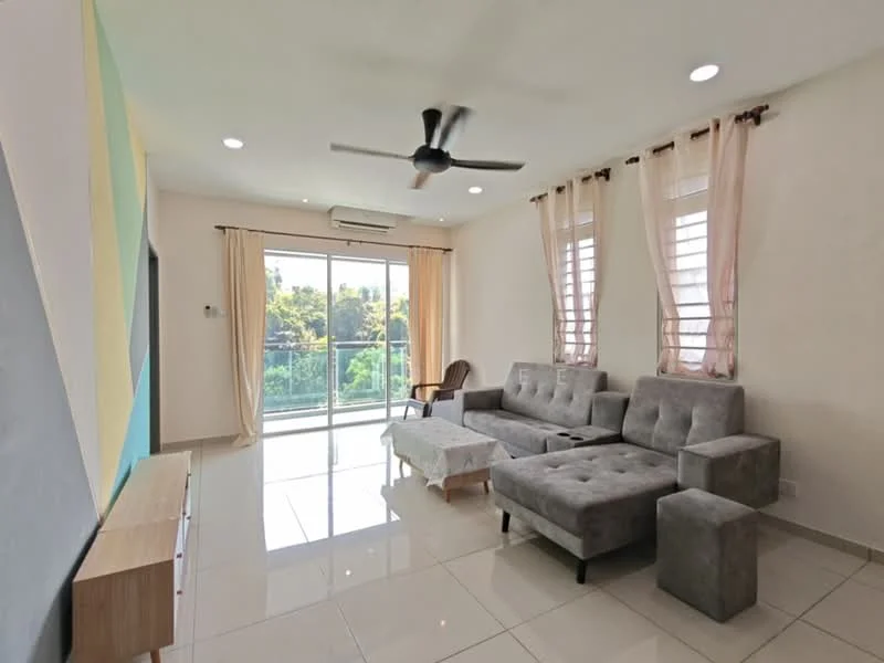 Living features: grey fabric sectional sofa, coffee table, 2 accent stools, wall-mounted TV console, large sliding glass door, floor-to-ceiling windows, sheer curtains, recessed LED downlights, ceiling fan with light, white painted walls, glossy tile flooring; style: modern; view: garden.