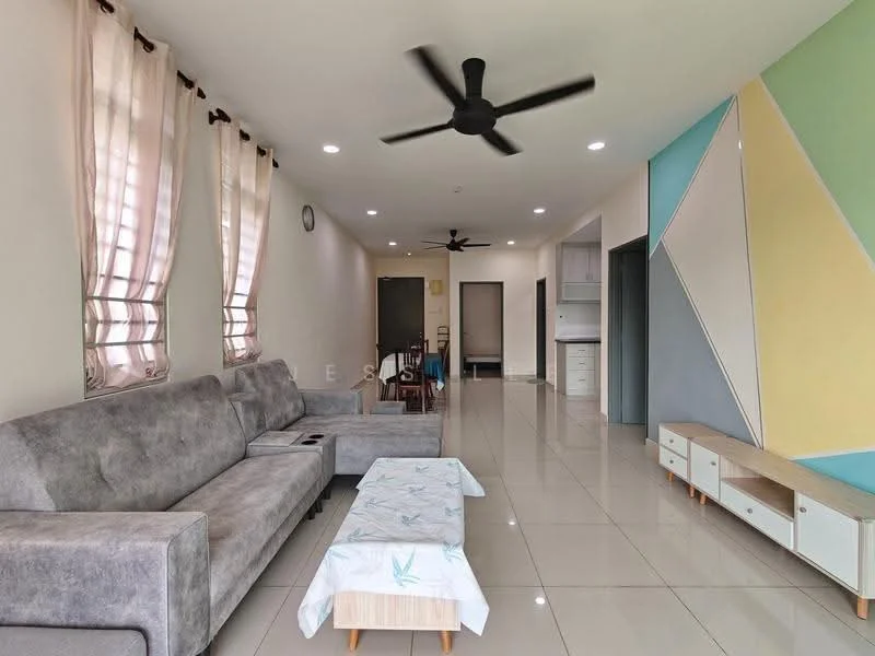 Living features: 3-seater fabric sofa in grey, 2-seater fabric sofa in grey, coffee table, wall-mounted TV console, ceiling fan, recessed downlights, large windows with sheer curtains, white walls, glossy tile flooring, decorative wall with geometric pattern; style: modern.