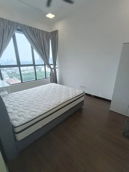 Bedroom features: queen-size bed, floor-to-ceiling windows, grey curtains, wood laminate flooring, white painted walls, ceiling fan, built-in wardrobe, city view; style: modern; view: city.