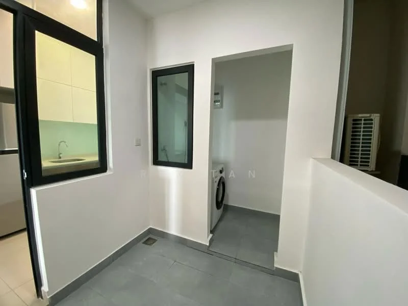 Laundry features: grey tiled flooring, white painted walls, window with black frame, doorway leading to another room, washing machine, wall-mounted split AC; style: modern.