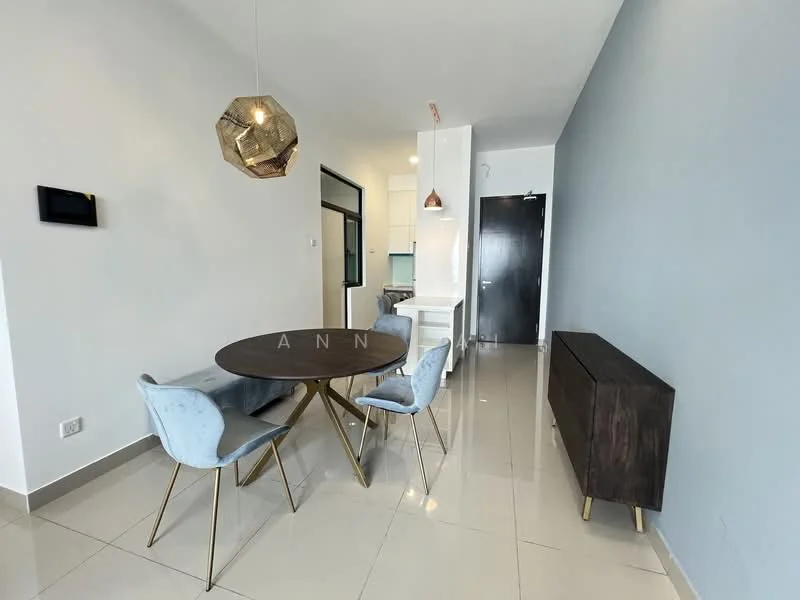 Dining features: round dining table, 4 upholstered dining chairs in light blue, pendant light fixture, grey accent wall, glossy tile flooring, sideboard cabinet in dark wood, wall-mounted TV, open layout to kitchen, natural light from adjacent area; style: modern.