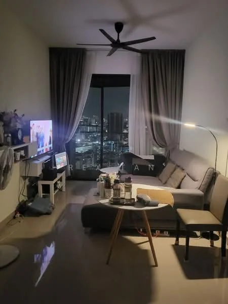 Living features: 3-seater fabric sofa in grey, floor-to-ceiling windows, curtains in light grey, ceiling fan, coffee table, TV console, wall-mounted TV, decorative floor lamp, marble tile flooring, decorative wall art, area rug, side table; style: modern; view: city.