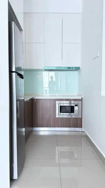 Kitchen features: stainless-steel fridge, built-in microwave, glass backsplash, white upper cabinets, wood lower cabinets, stainless-steel range hood, solid surface countertop, glossy tile flooring, recessed downlights; style: modern.