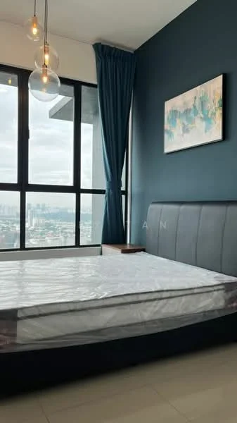 Bedroom features: king-size bed, upholstered headboard, floor-to-ceiling windows, blue painted walls, curtains in blue, wooden bedside table, decorative artwork on wall, laminate flooring, hanging pendant light; style: modern; view: city.