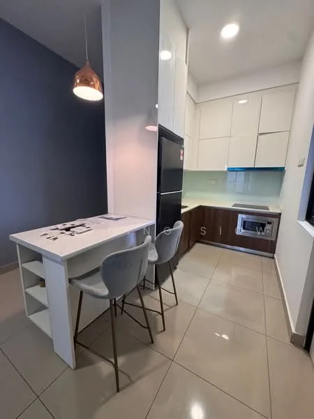 Kitchen features: white cabinetry, dark wood lower cabinets, stainless-steel refrigerator, built-in microwave, ceramic tile flooring, pendant light fixture, kitchen island with seating, glass backsplash, single-bowl stainless-steel sink, chrome pull-down faucet; style: modern.