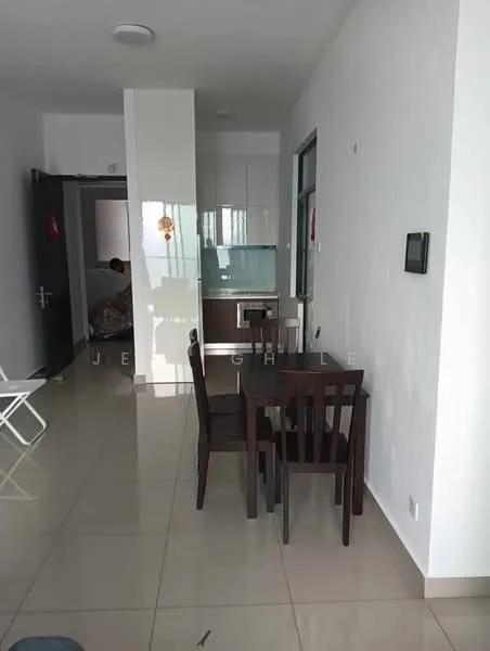 Dining features: dining table for 4, brown wooden dining chairs, cream tiled flooring, white painted walls, recessed ceiling lights, kitchen area visible in background, open layout, large window for natural light; style: modern. Room features: white painted walls, cream tiled flooring, recessed ceiling lights.