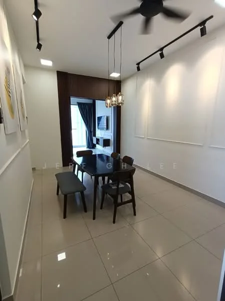 Dining features: dining table with 6 chairs, pendant lighting with multiple bulbs, white painted walls, dark wood accent wall, sliding glass door, floor-to-ceiling windows, grey ceramic tile flooring, recessed lighting, black ceiling fan; style: modern.