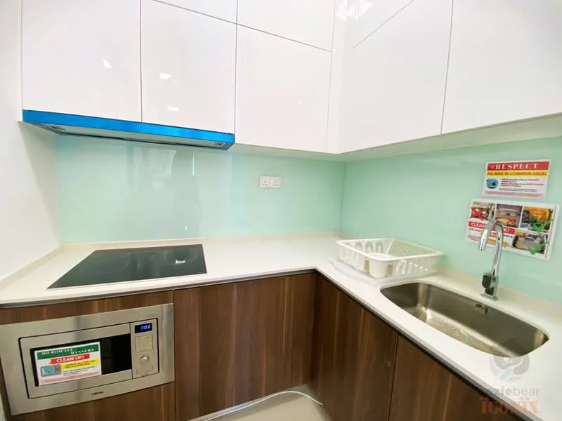 Kitchen features: white glossy upper cabinets, wooden lower cabinets, light green backsplash, white countertop, built-in induction cooktop, stainless-steel sink, chrome pull-down faucet, built-in microwave, dish drying rack, wall-mounted range hood; style: modern.