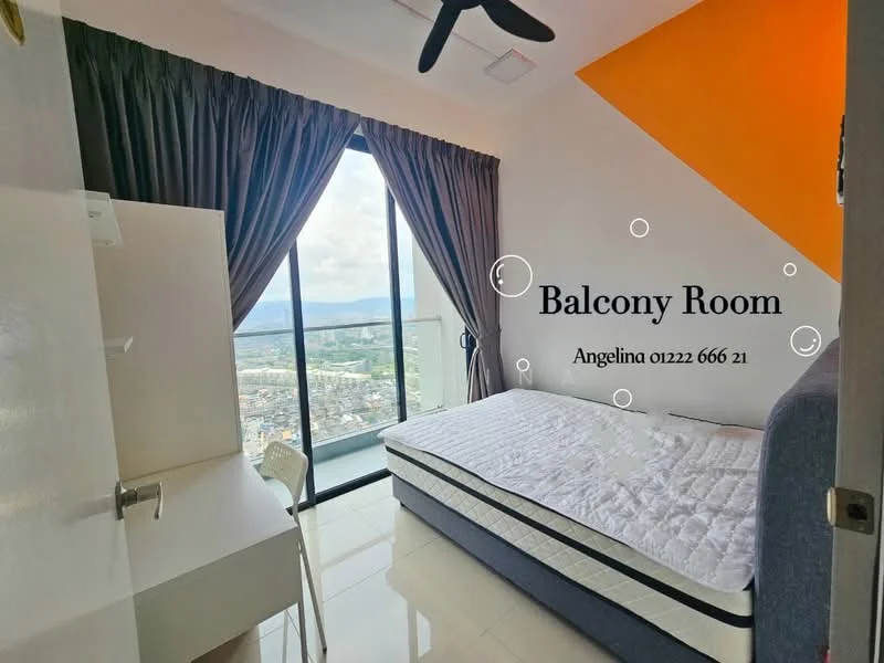 Bedroom features: queen-size bed, white bedding, study desk, floor-to-ceiling windows, grey curtains, orange accent wall, white painted walls, tile flooring, ceiling fan; style: modern; view: city.