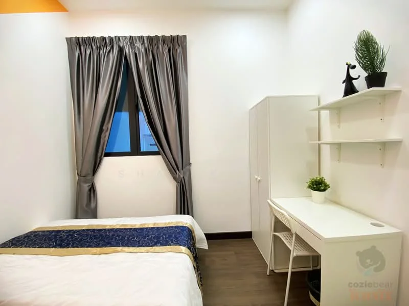 Bedroom features: double bed with white bedding and blue accent, grey curtains, floor-to-ceiling window, white wardrobe, white study desk, shelf unit, wooden flooring, decorative plant on shelf; style: modern.