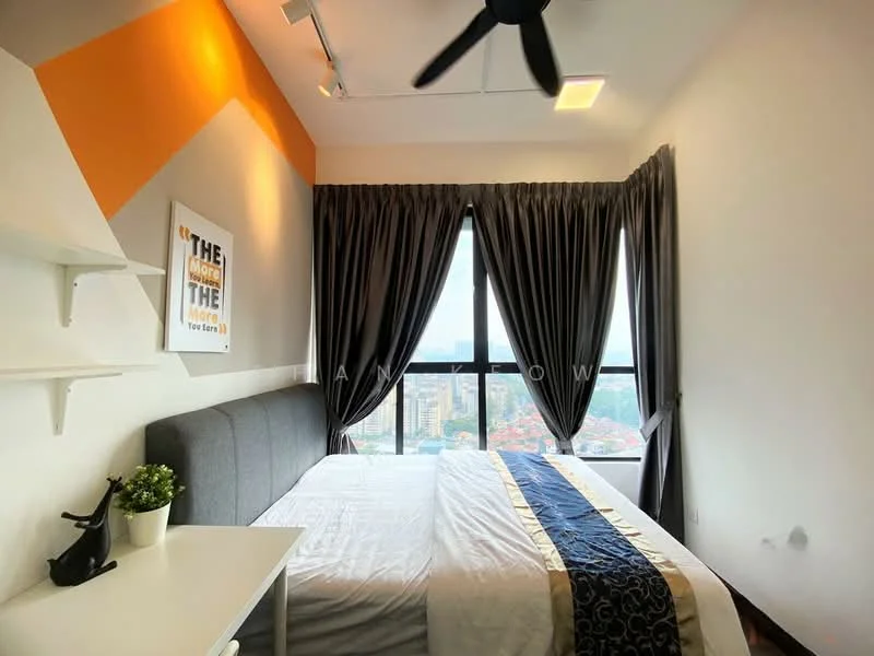 Bedroom features: queen-size bed with white bedding, grey upholstered headboard, floor-to-ceiling windows, city view, dark grey curtains, white walls with orange accent wall, ceiling fan, white bedside table, decorative wall art, open shelving unit, small potted plant, black decorative figure; style: modern; view: city.