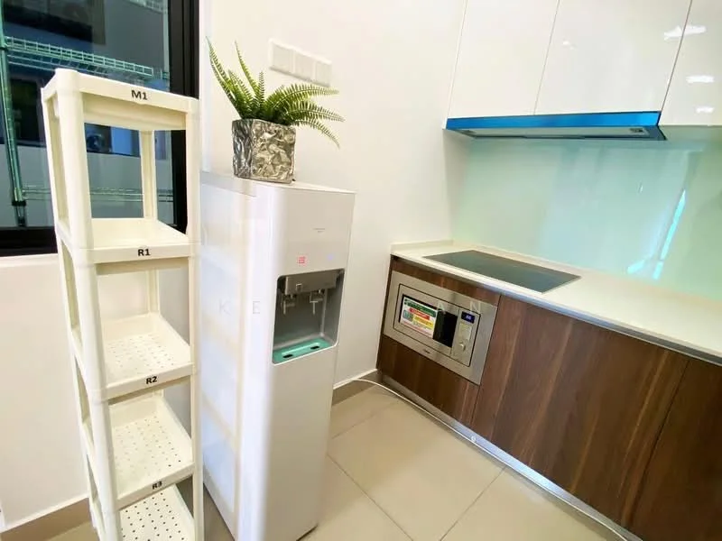 Kitchen features: white glossy cabinetry, wooden lower cabinetry, stainless-steel built-in oven, induction cooktop, water dispenser, countertop with integrated sink, neutral tile flooring, potted plant decoration, wall-mounted range hood, large window for natural light; style: modern.