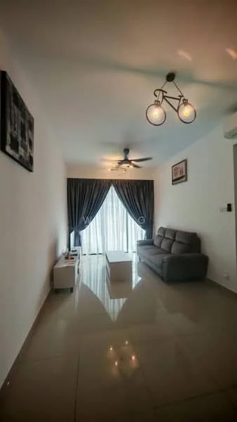 Living features: grey fabric sofa, white coffee table, wall-mounted TV, ceiling fan with 3 blades, recessed downlights, white painted walls, glossy tile flooring, floor-to-ceiling windows with sheer curtains, decorative wall art; style: modern.