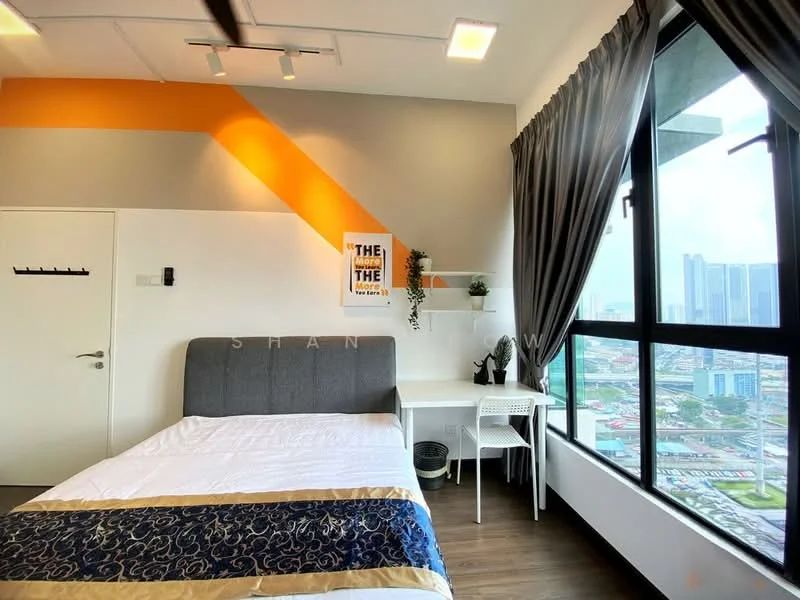 Bedroom features: queen-size bed with grey upholstered headboard, white bedding with blue and gold accent, desk with white chair, wall-mounted shelf with decorative plant, large floor-to-ceiling window, curtains in grey, wooden flooring, orange accent wall, white painted walls, LED ceiling lights; style: modern; view: city.