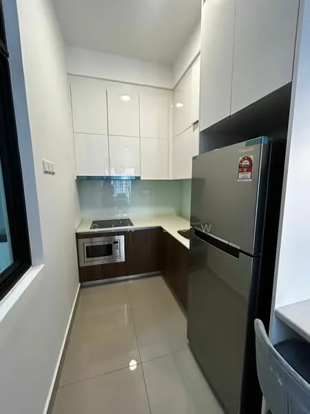 Kitchen features: white high-gloss cabinetry, brown lower cabinetry, stainless-steel fridge, built-in oven, induction cooktop, white quartz countertop, glass backsplash, grey tile flooring, recessed downlights, single-bowl stainless-steel sink, chrome pull-down faucet, floor-to-ceiling windows; style: modern.