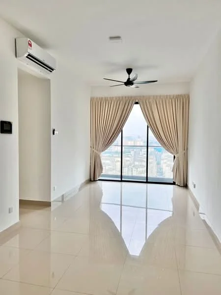 Living features: white painted walls, glossy tile flooring, 5-blade ceiling fan with light, floor-to-ceiling windows, sheer curtains, city view, air conditioning unit, recessed downlights; style: modern; view: city.