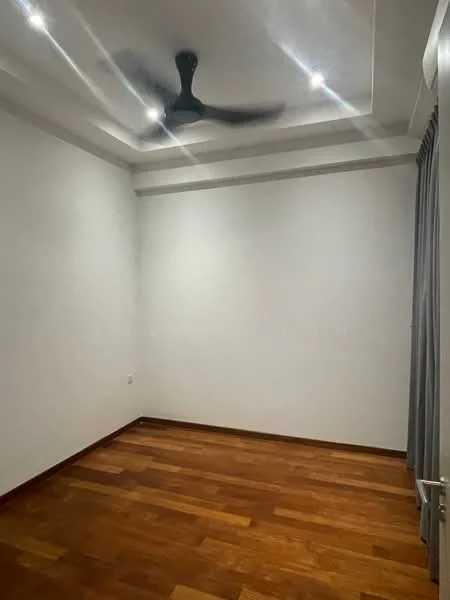 Room features: white painted walls, wooden flooring, recessed ceiling lights, 5-blade ceiling fan, curtains, no visible furniture; style: modern.