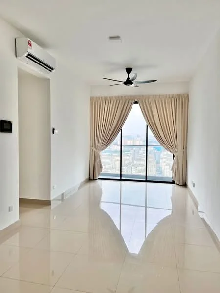 Living features: white painted walls, glossy ceramic tile flooring, 5-blade ceiling fan, floor-to-ceiling windows, sheer curtains, city view, air conditioning unit, recessed lighting; style: modern; view: city.
