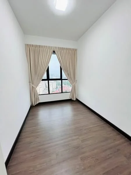 Bedroom features: white painted walls, laminate flooring, floor-to-ceiling windows, sheer curtains, city view, recessed ceiling lights; style: modern; view: city.