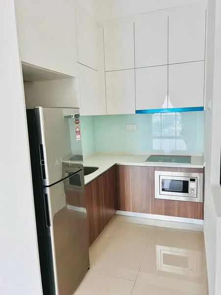 Kitchen features: white upper cabinets, wood lower cabinets, stainless-steel fridge, built-in microwave, ceramic cooktop, white countertop, glass backsplash, polished tile flooring, recessed downlights; style: modern.
