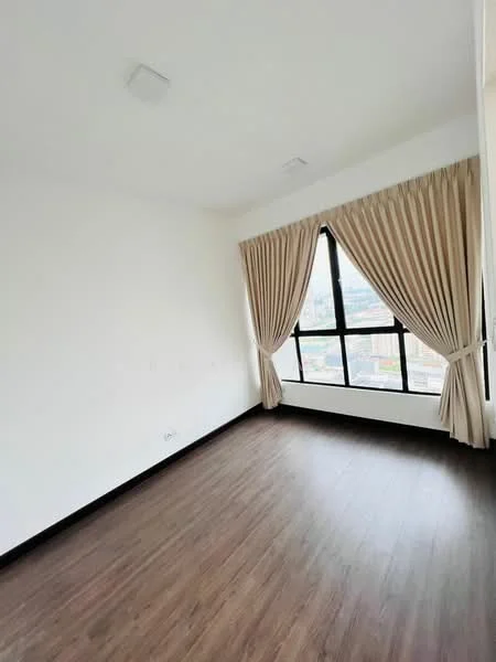 Room features: white painted walls, laminate flooring, floor-to-ceiling windows, curtains, city view; style: modern; view: city.