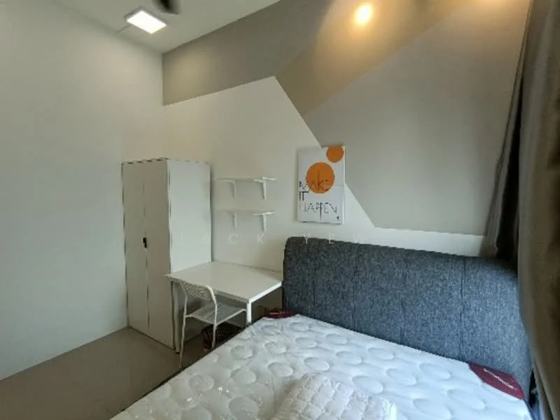 Bedroom features: grey upholstered headboard, single bed, white bedding, white painted walls, accent wall with geometric design, built-in wardrobe, study desk, chair, window with curtain, ceiling light, flooring with tiles; style: modern.