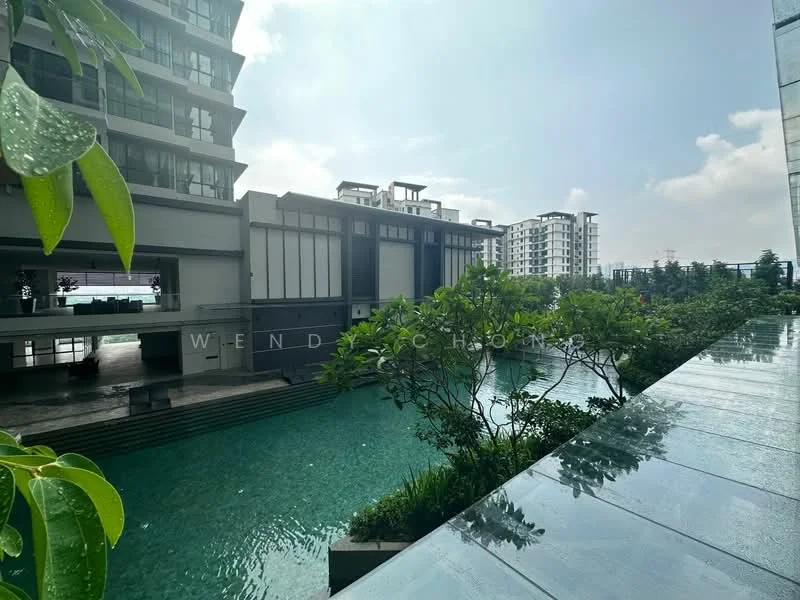 Exterior type: high-rise condominium; features: swimming pool, landscaped garden, water feature, modern architecture, multiple building blocks, surrounded by greenery, outdoor seating area; style: modern.