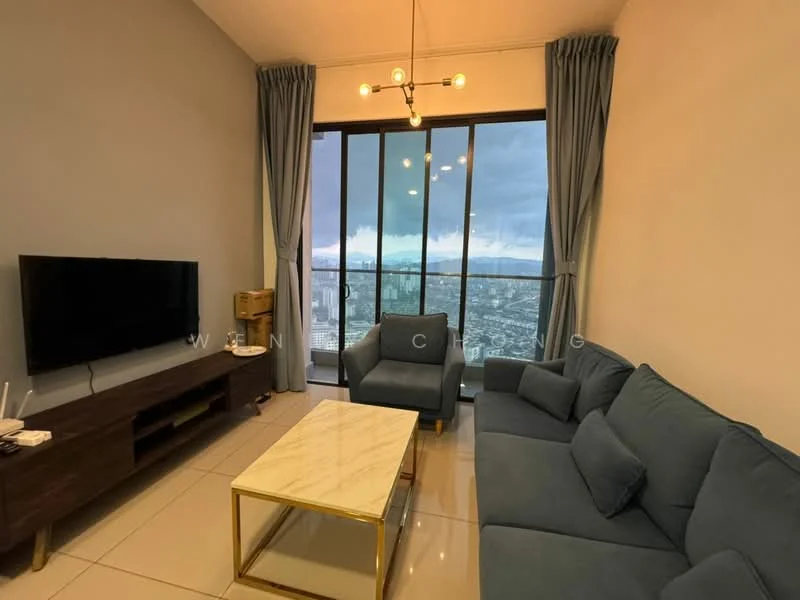 Living features: 3-seater fabric sofa in blue, armchair in blue, coffee table with marble top, TV console in dark wood, wall-mounted TV, floor-to-ceiling windows, curtains in light grey, recessed downlights, decorative pendant light, polished tile flooring; style: modern; view: city.