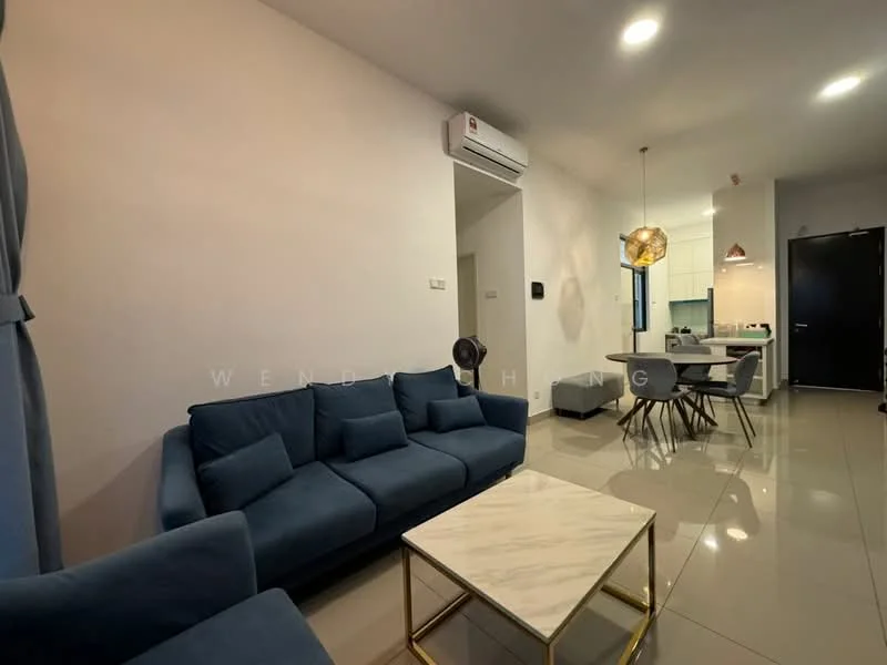 Living features: blue fabric sofa, marble coffee table, recessed LED downlights, wall-mounted air conditioning unit, glossy tile flooring, decorative pendant light, open layout to dining area, neutral painted walls; style: modern. Dining features: dining table for four, four dining chairs, kitchen visible in background, neutral painted walls; style: modern.
