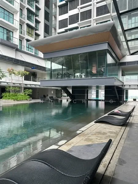 Exterior type: high-rise condominium; features: infinity pool, pool deck with loungers, glass facade gym, landscaped garden, modern architecture, multiple storeys, outdoor seating area; style: modern.