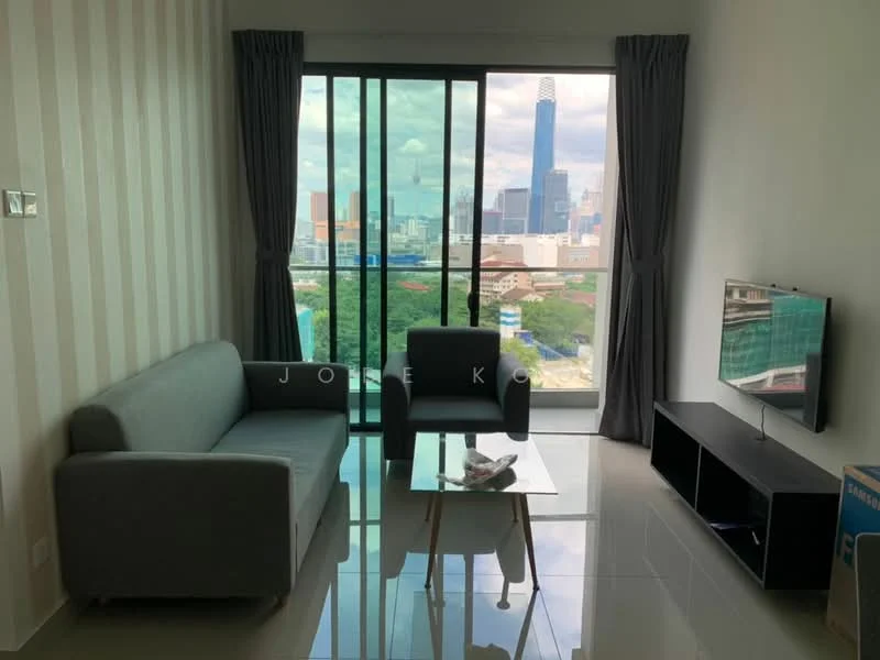 Living features: grey fabric 3-seater sofa, glass coffee table, TV console, wall-mounted TV, floor-to-ceiling windows, curtains, white painted walls, glossy tile flooring; style: modern; view: city.