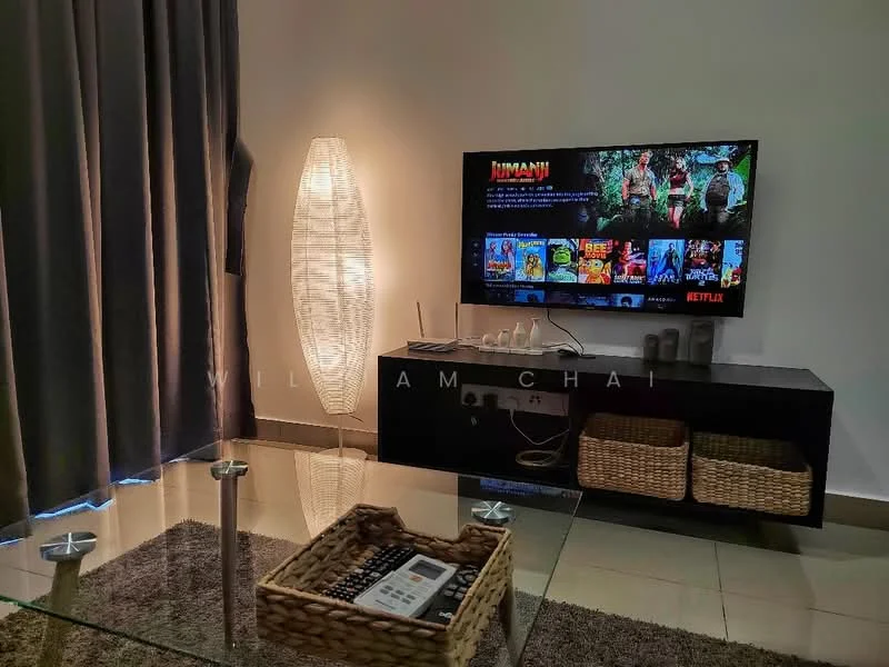 Living features: flat-screen TV mounted on wall, coffee table with glass top, woven storage baskets, area rug with soft texture, floor lamp with a unique design, grey curtains, white wall, polished tile flooring; style: modern.