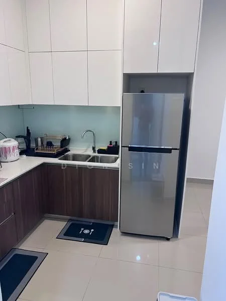 Kitchen features: white upper cabinets, brown lower cabinets, double-bowl stainless-steel sink, chrome pull-down faucet, stainless-steel fridge, white countertop, ceramic tile flooring, backlit glass splashback, kitchen mats, built-in appliances; style: modern.