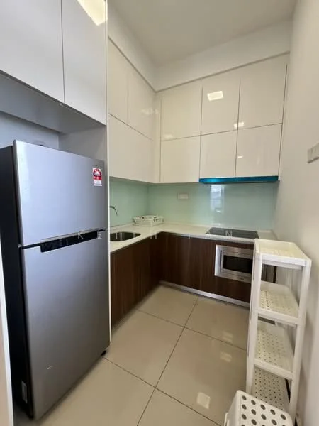 Kitchen features: stainless-steel fridge, single-bowl stainless-steel sink, chrome pull-down faucet, white glossy upper cabinets, brown wooden lower cabinets, white countertop, built-in oven, ceramic tile flooring, recessed downlights, glass backsplash, open shelving, kitchen island, wall-mounted microwave; style: modern.