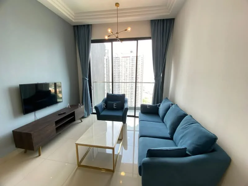 Living features: 3-seater fabric sofa in blue, 2 armchairs in blue, glass coffee table with gold frame, wall-mounted TV, wooden TV console, floor-to-ceiling windows, sheer curtains in blue, recessed downlights, white painted walls, glossy tile flooring; style: modern; view: city.