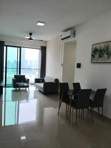 Living features: 3-seater fabric sofa in grey, 2-seater armchair, 4-seater dining table with grey chairs, floor-to-ceiling windows, sliding glass door, white painted walls, polished ceramic tile flooring, ceiling fan, wall-mounted split AC, decorative artwork on wall, curtains, natural light from windows; style: modern; view: city.